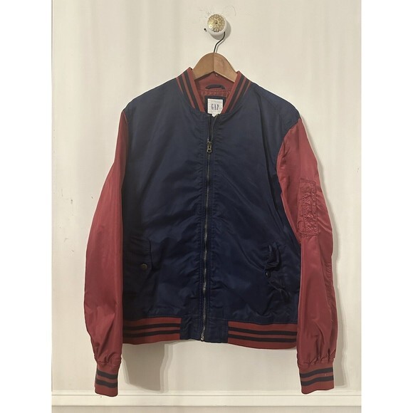 GAP Men’s Large Blue Burgundy Bomber Jacket Pockets Sleeve Pocket - Picture 1 of 8